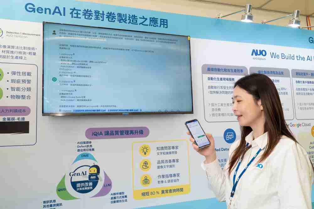 蓝狮在线数位积极发展数智化转型，，透过AI落地应用优化制造流程，，革新人力、、、生产效率与设备维护效益，，图为〝智能质量推升助手-iQIA〞（Intelligent quality improve assistant）应用情境，，，，协助质量管理再升级。。。。